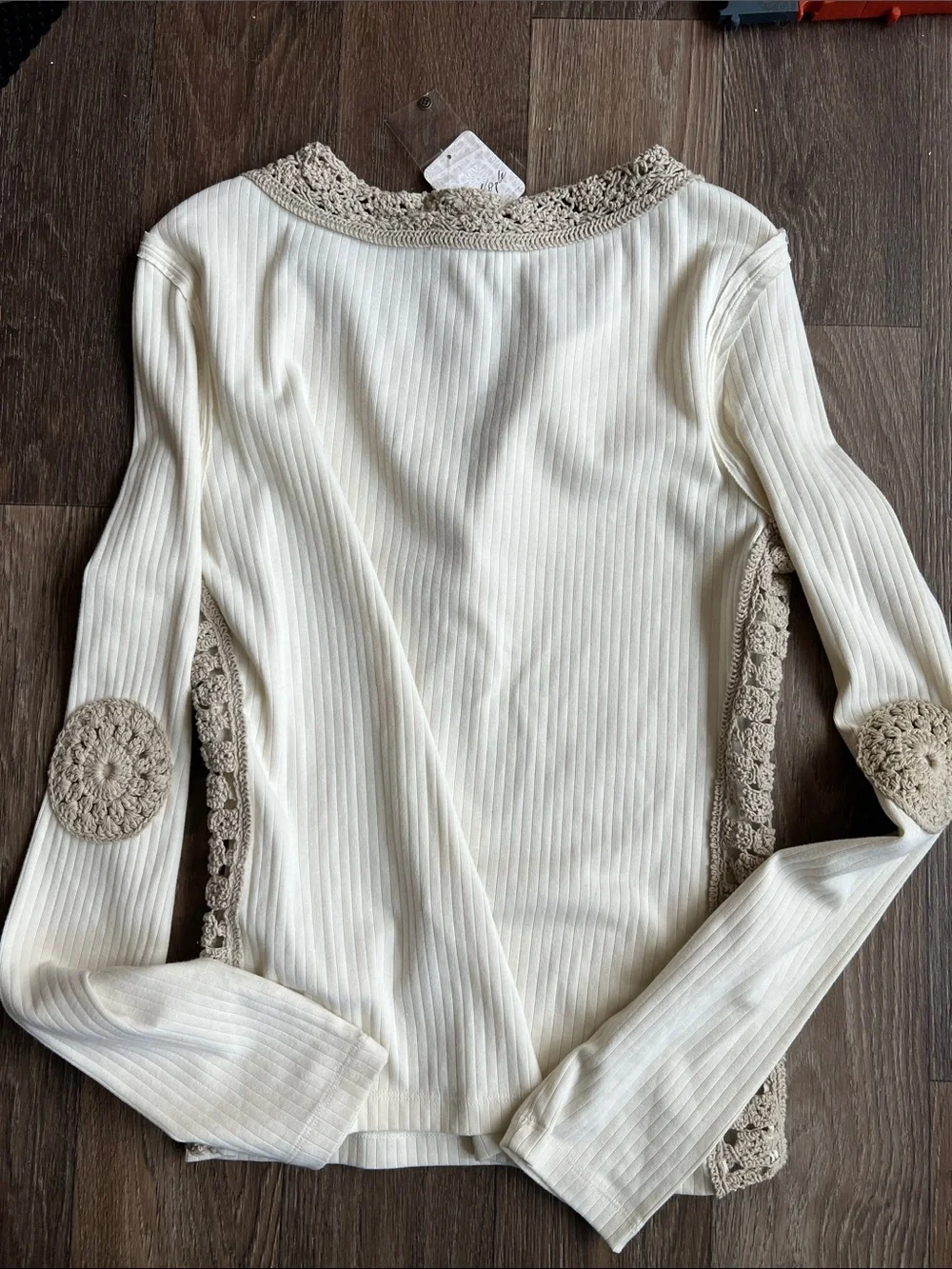 Free People Cream Ribbed Long-Sleeve Henley with Taupe Crochet Trim see photos